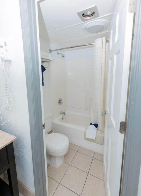 King Bed w/ Partial View | Bathroom | Combined shower/tub, free toiletries, towels