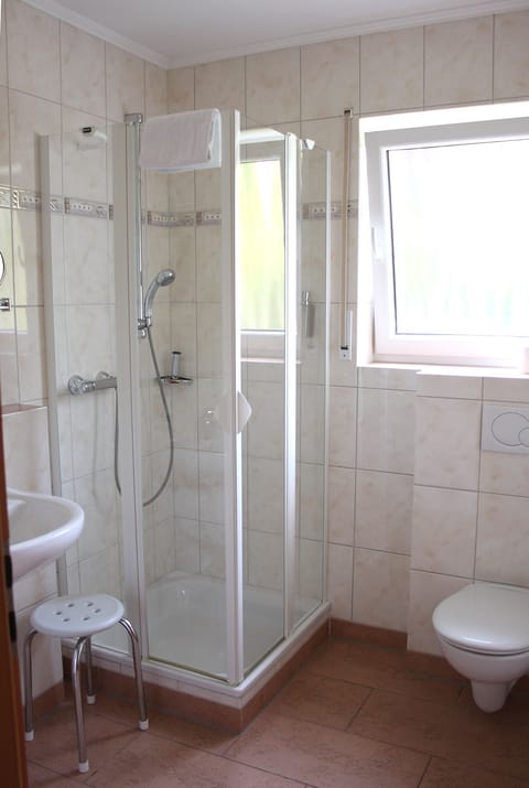 Combined shower/tub, free toiletries, hair dryer, towels