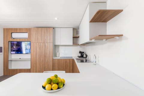 Fridge, microwave, stovetop, espresso maker