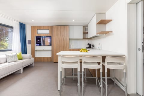 Fridge, microwave, stovetop, espresso maker