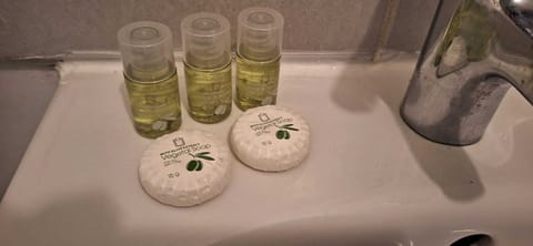 Shower, free toiletries, towels, soap