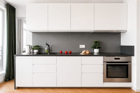 Deluxe Apartment, City View | Private kitchen | Electric kettle, highchair, griddle, cleaning supplies