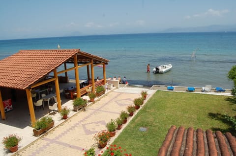 On the beach, sun loungers, beach bar