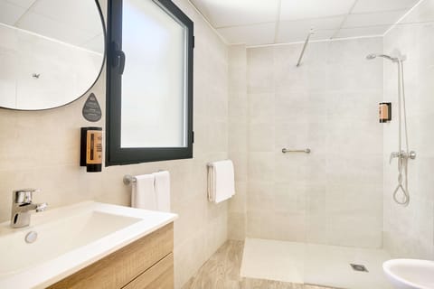 Hair dryer, towels, soap, shampoo