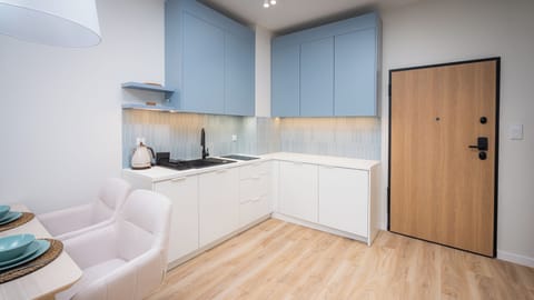 Apartment (B 2) | Private kitchen | Fridge, stovetop, electric kettle, cookware/dishes/utensils