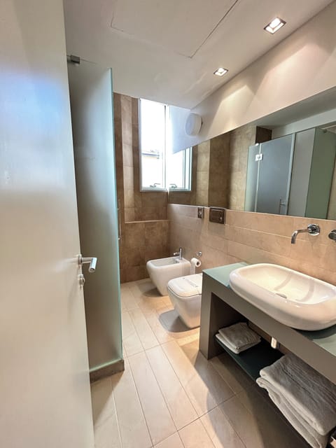 Shower, hair dryer, bidet, towels