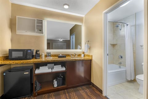 Combined shower/tub, eco-friendly toiletries, hair dryer, towels