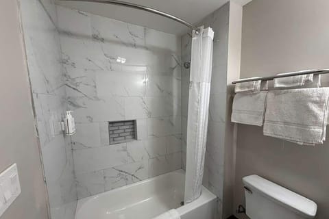 Combined shower/tub, hair dryer, towels