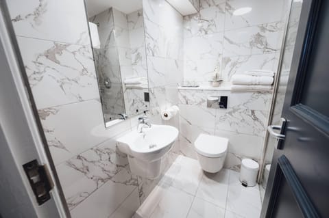 Combined shower/tub, free toiletries, hair dryer, towels