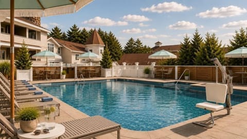 Indoor pool, seasonal outdoor pool, pool umbrellas, sun loungers