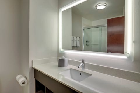 Desk, laptop workspace, blackout drapes, soundproofing