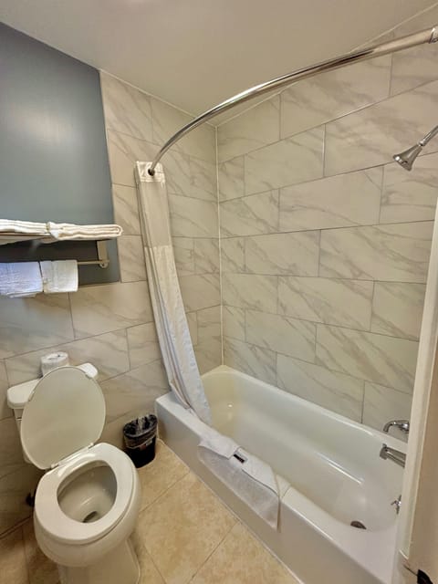 Separate tub and shower, hair dryer, towels