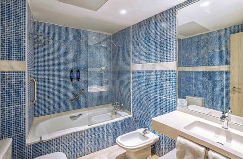 Combined shower/tub, free toiletries, hair dryer, bidet