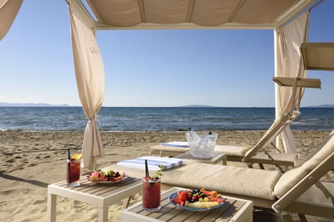 Private beach, white sand, free beach shuttle, sun loungers