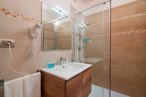 Shower, hair dryer, bidet, towels