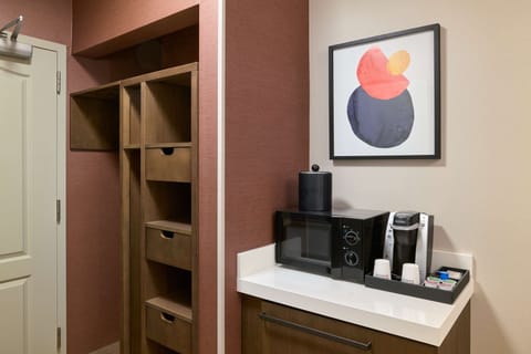 Desk, laptop workspace, blackout drapes, iron/ironing board