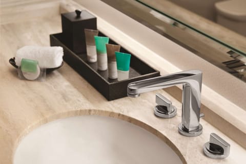 Designer toiletries, hair dryer, bathrobes, towels