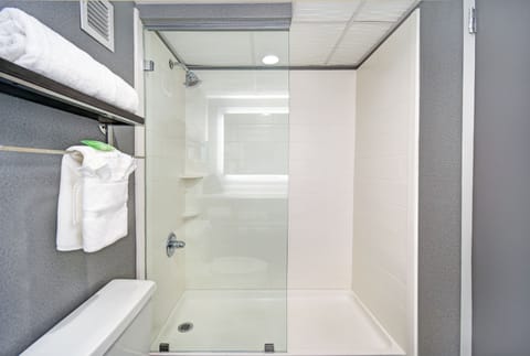 Combined shower/tub, free toiletries, hair dryer, towels