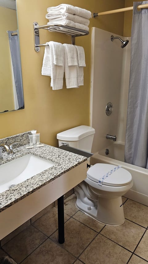 Combined shower/tub, free toiletries, towels