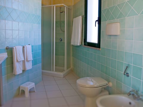 Shower, free toiletries, bidet, towels