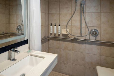 Combined shower/tub, free toiletries, hair dryer, towels