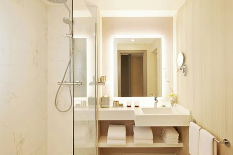 Combined shower/tub, free toiletries, hair dryer, towels