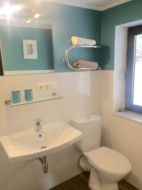 Shower, free toiletries, hair dryer, towels