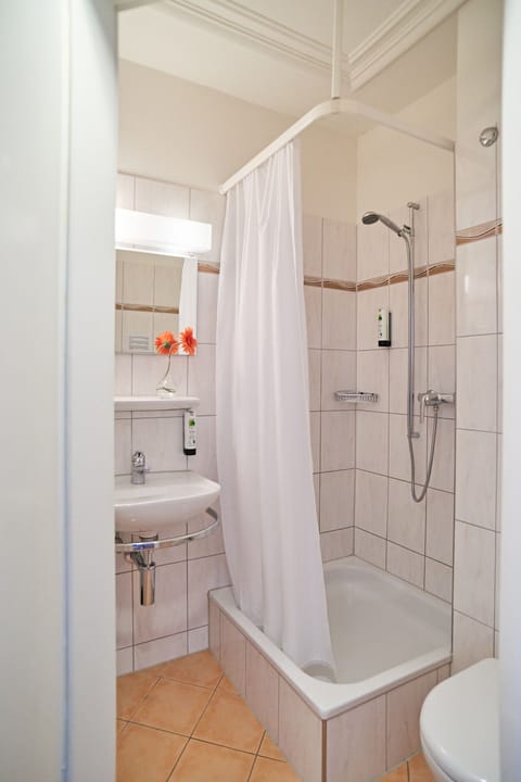 Shower, free toiletries, hair dryer, towels