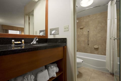 Combined shower/tub, deep soaking tub, free toiletries, hair dryer