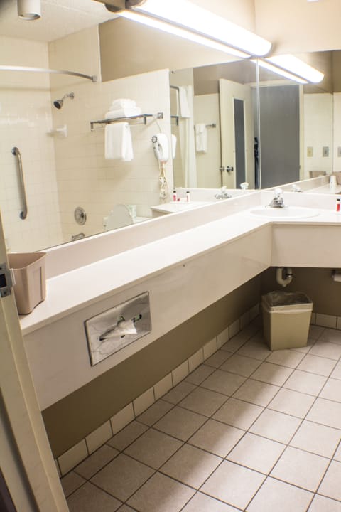 Combined shower/tub, hair dryer, towels, soap