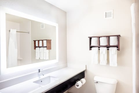 Combined shower/tub, free toiletries, hair dryer, towels