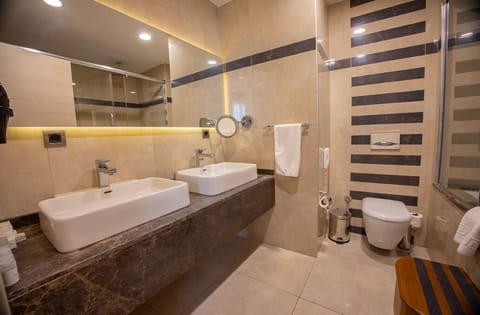 Suite | Bathroom | Shower, free toiletries, hair dryer, bathrobes
