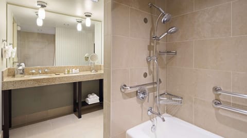 Combined shower/tub, free toiletries, hair dryer, towels