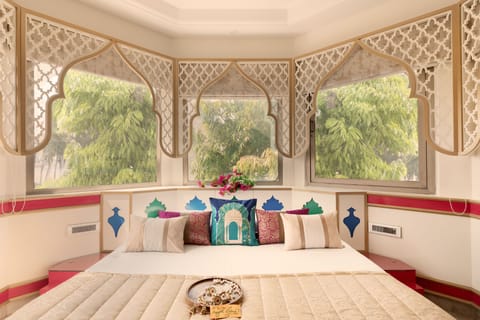 Mughal heritage room with 180 degree city view from Designer bed | Egyptian cotton sheets, premium bedding, memory foam beds, minibar