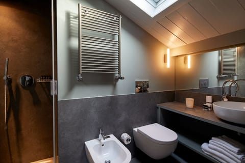 Rainfall showerhead, hair dryer, towels, soap