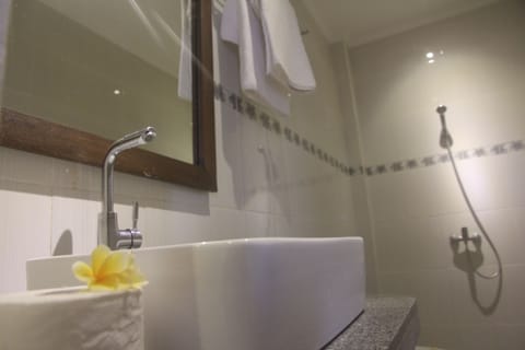 Shower, free toiletries, towels