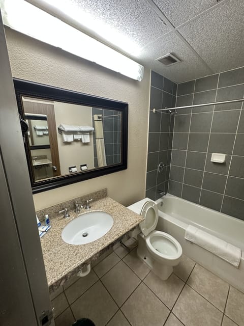 Combined shower/tub, deep soaking tub, free toiletries, hair dryer