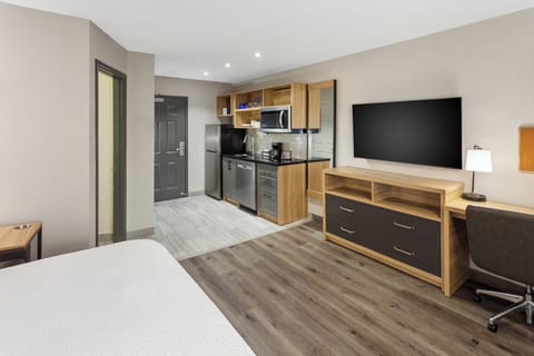 Desk, laptop workspace, blackout drapes, soundproofing