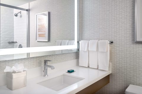 Combined shower/tub, free toiletries, hair dryer, towels