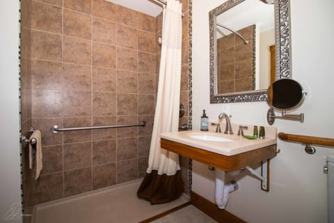 Room, 1 Queen Bed, Roll-in Shower, Courtyard View | Bathroom | Hair dryer, towels, toilet paper