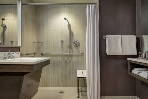 Combined shower/tub, eco-friendly toiletries, hair dryer, towels