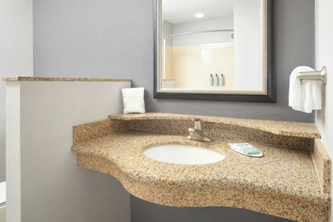 Combined shower/tub, free toiletries, hair dryer, towels