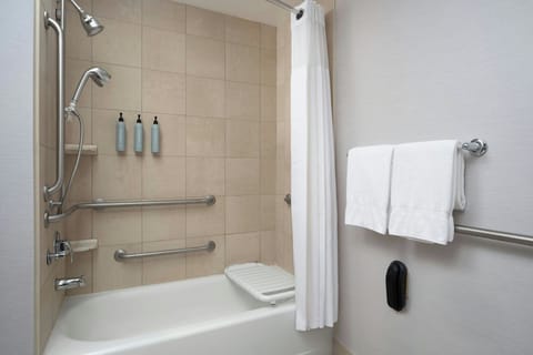 Combined shower/tub, free toiletries, hair dryer, towels