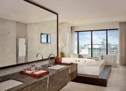 Combined shower/tub, eco-friendly toiletries, hair dryer, bathrobes