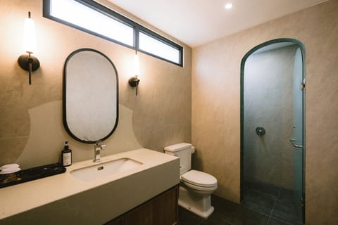 Hair dryer, slippers, towels, soap