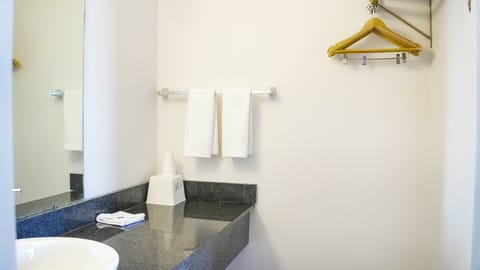 Combined shower/tub, free toiletries, towels, toilet paper