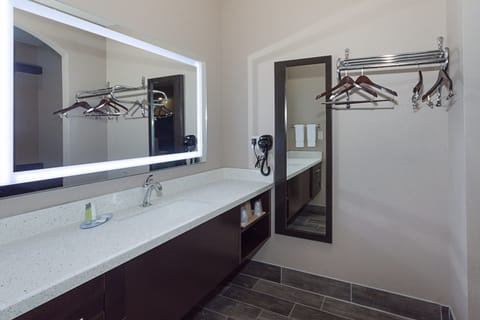 Combined shower/tub, free toiletries, hair dryer, towels