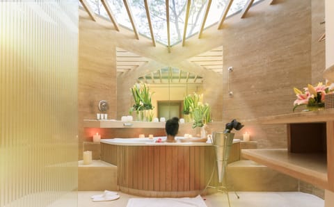 Separate tub and shower, rainfall showerhead, hair dryer, bathrobes