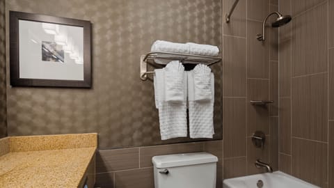 Combined shower/tub, free toiletries, hair dryer, towels