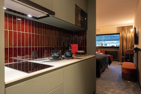 Full-size fridge, microwave, espresso maker, electric kettle